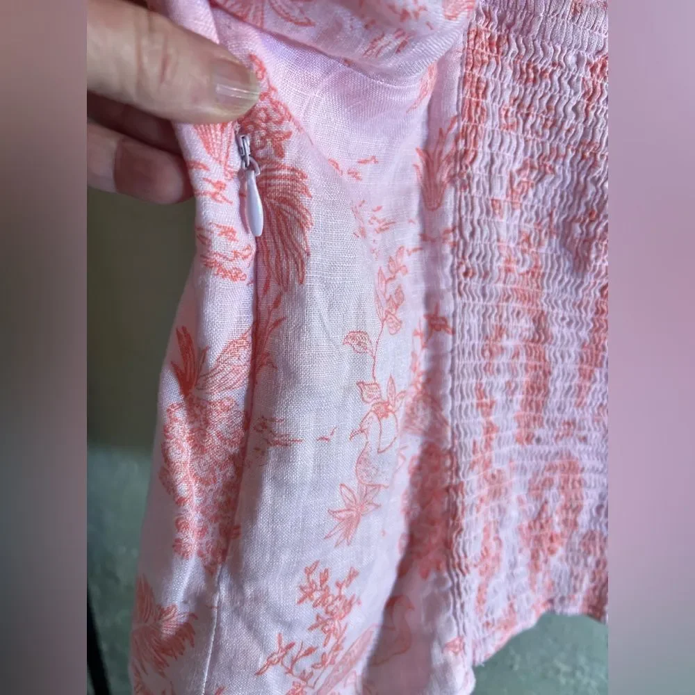 Cynthia Rowley Pink Ruffled Crop Blouse European flax linen, 3/4 ruched sleeve
